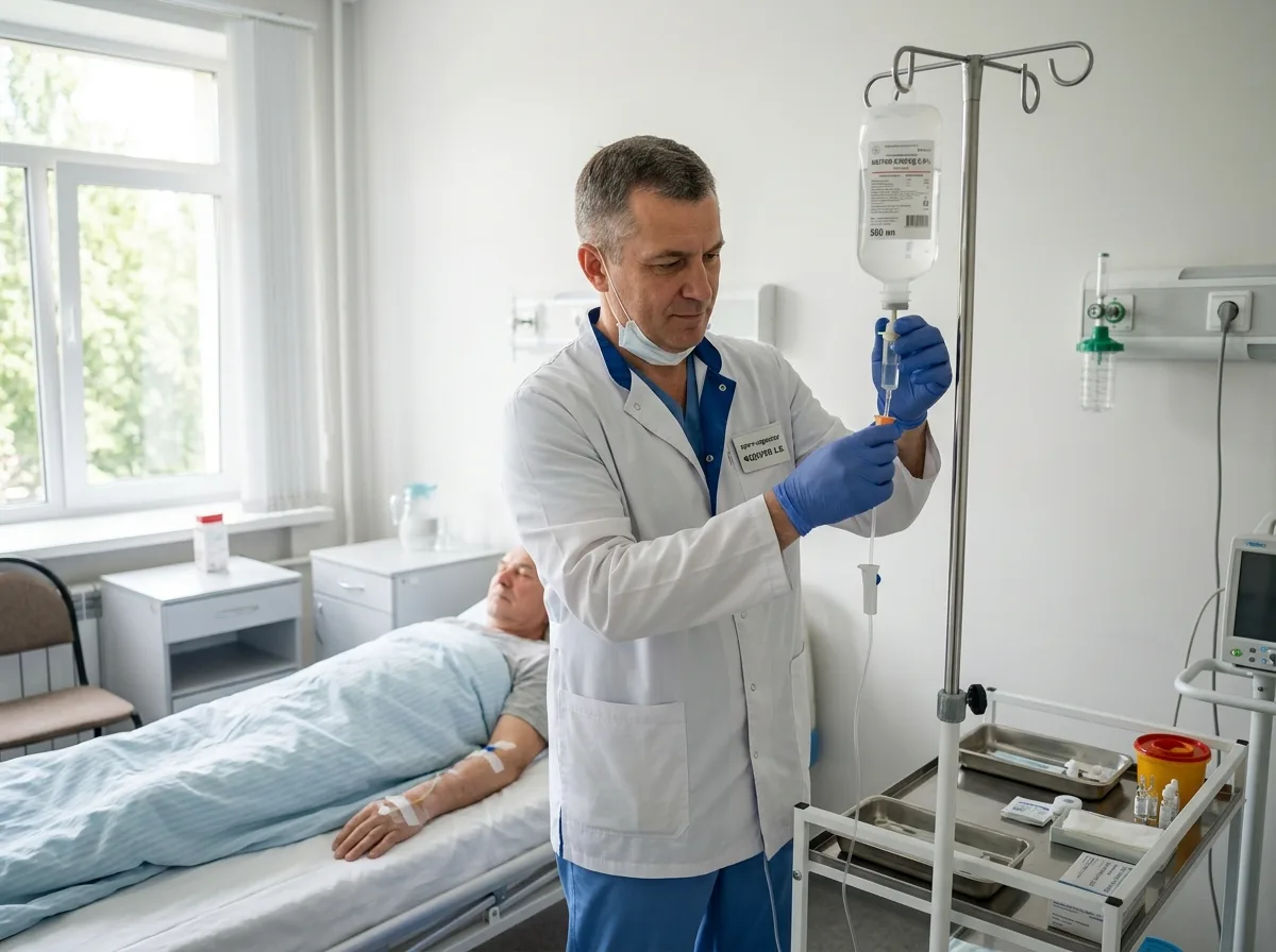 Врач-нарколог в белом халате готовит капельницу в светлой медицинской палате стационара, спокойная деловая атмосфера