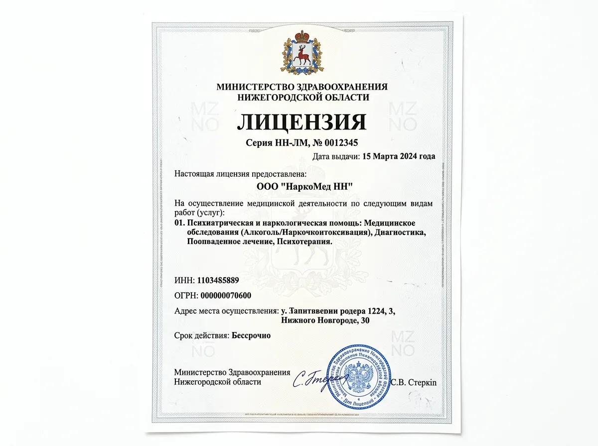 Лицензия на медицинскую деятельность ООО НаркоМед НН, официальный документ Министерства здравоохранения Нижегородской области на белом фоне, чёткий скан
