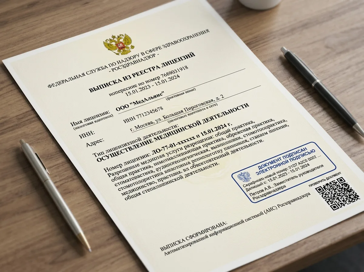 Выписка из реестра лицензий Росздравнадзора на медицинскую деятельность, официальный документ с электронной подписью