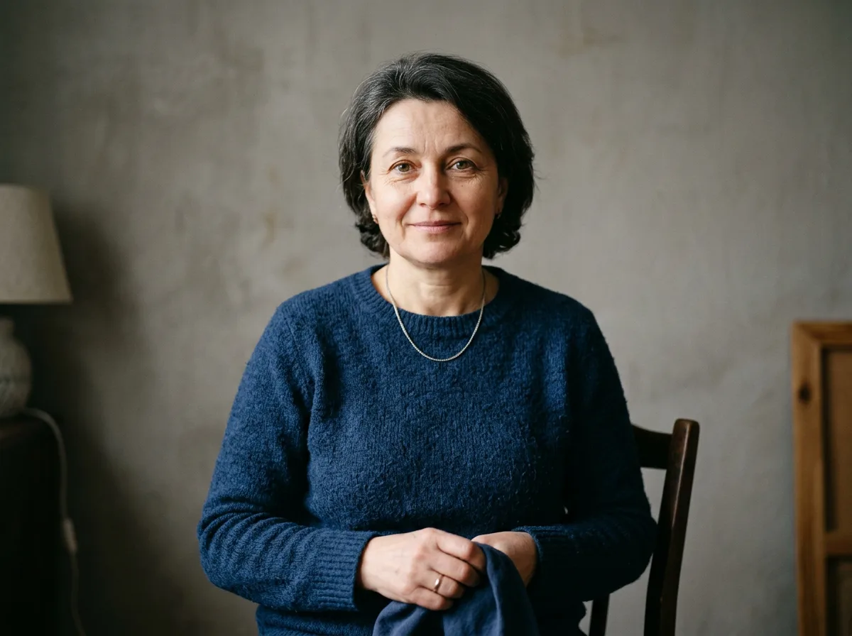 Аватар женщины средних лет, нейтральный серый фон, стиль документального портрета