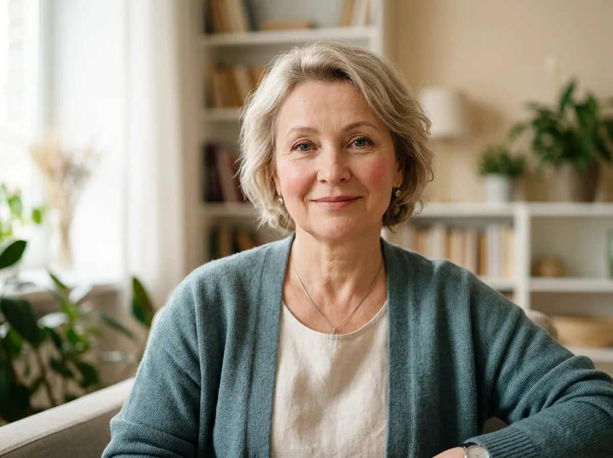 Аватар женщины 55 лет, спокойное выражение лица, светлый фон